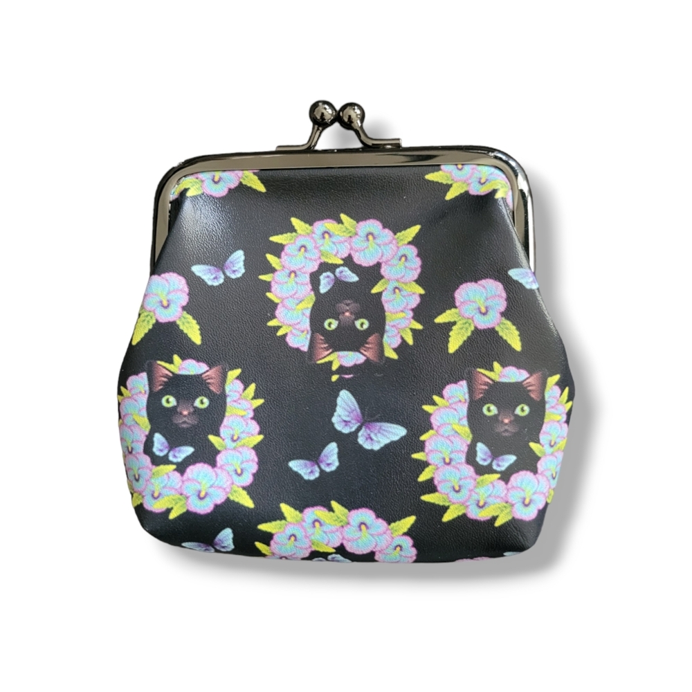 EUC Super Cute Black Cat Butterflies Floral Kiss Lock Coin Purse (OS)